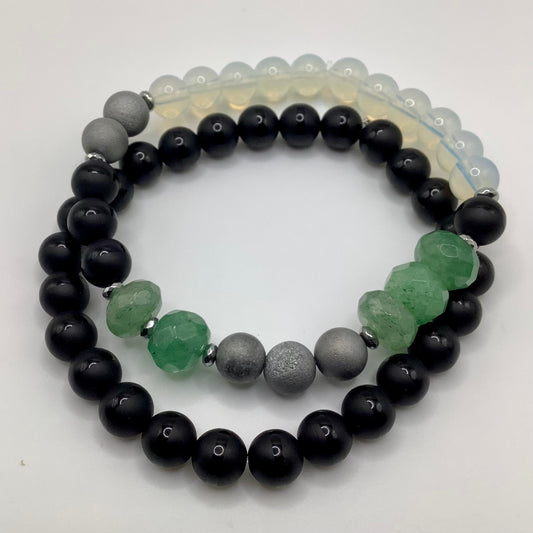 Jade, Agate, Druzy 8mm silver hematite 2pc set