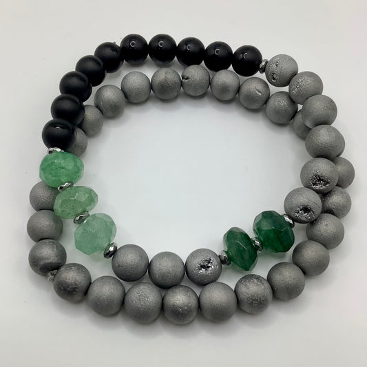 Agate, Jade, Druzy 8mm silver hematite 2pc set