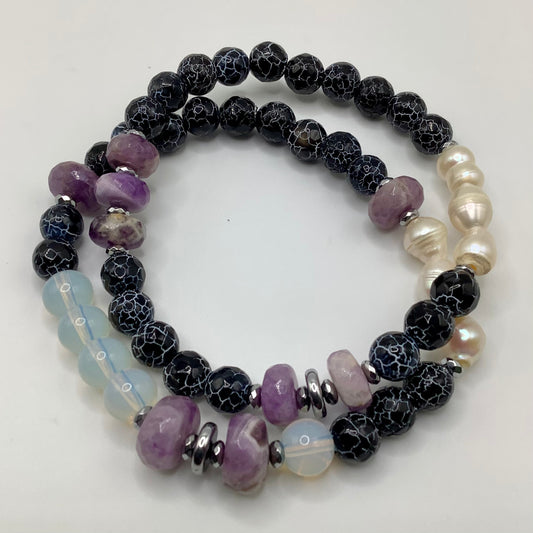 Crackled Agate, Amethyst, Pearl, Moonstone and Silver Hematite 8mm 2 pc set