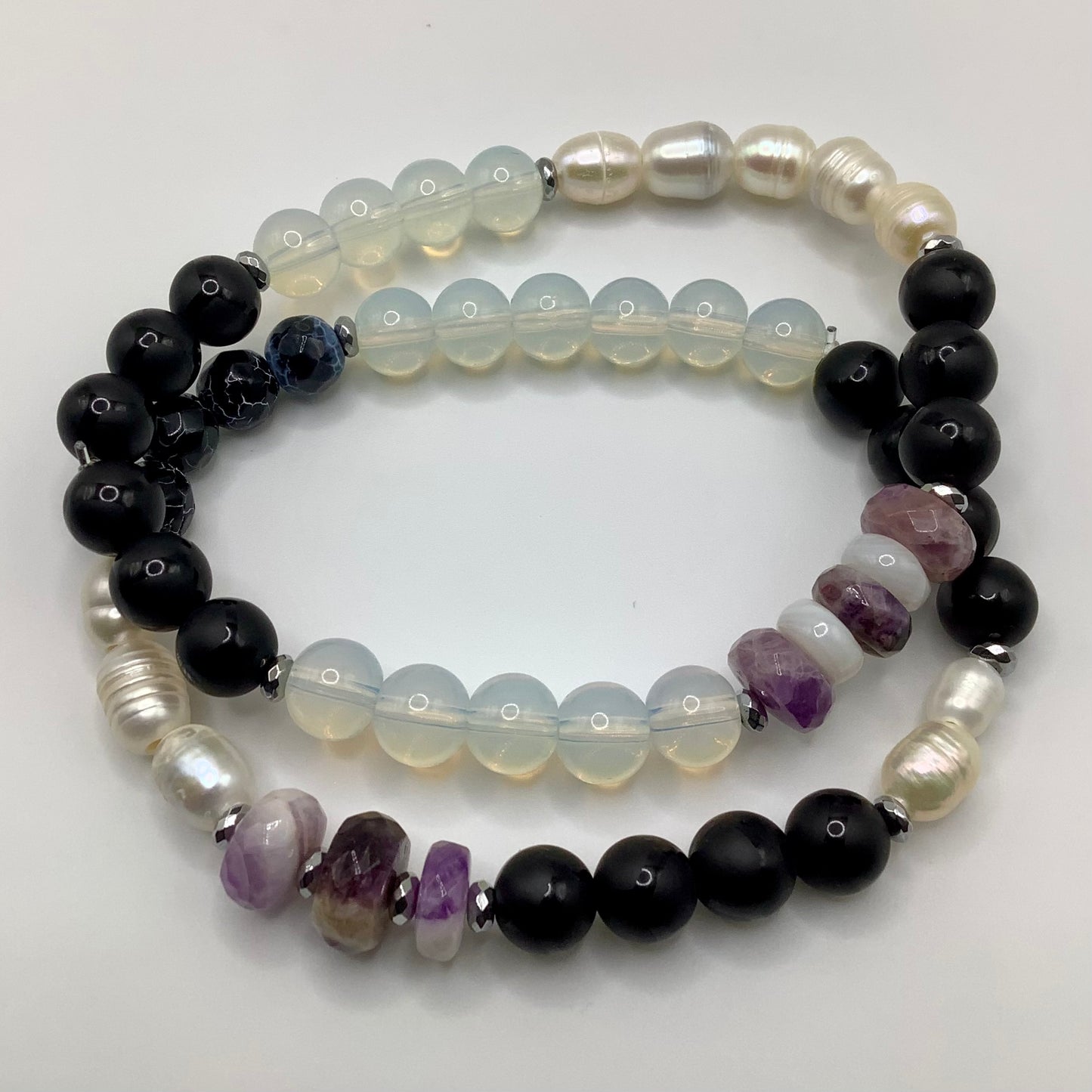 Amethyst,Agate, Moonstone and Silver Hematite 8mm 2 pc set