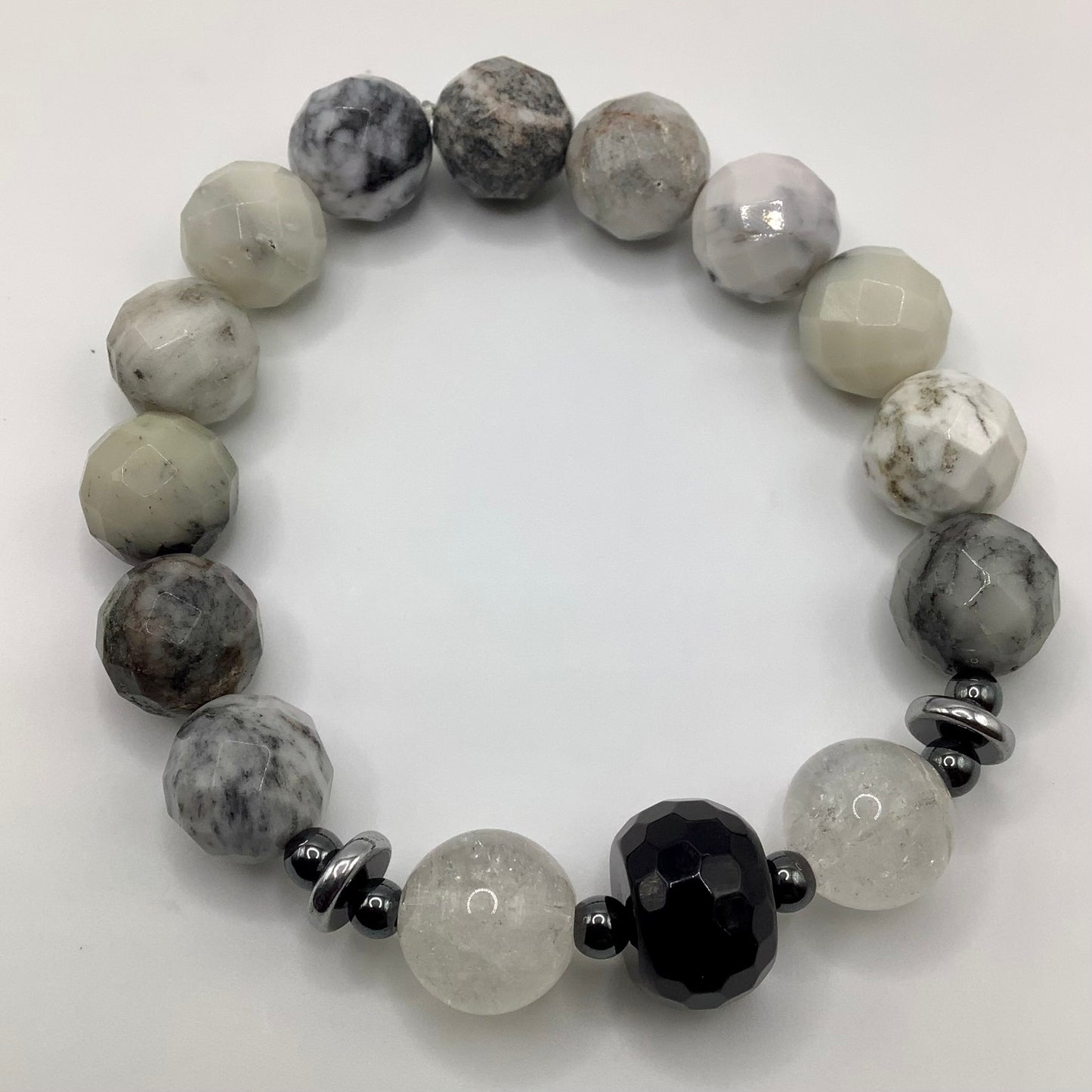 Moonstone, Onyx, Quartz and Silver Hematite 12mm