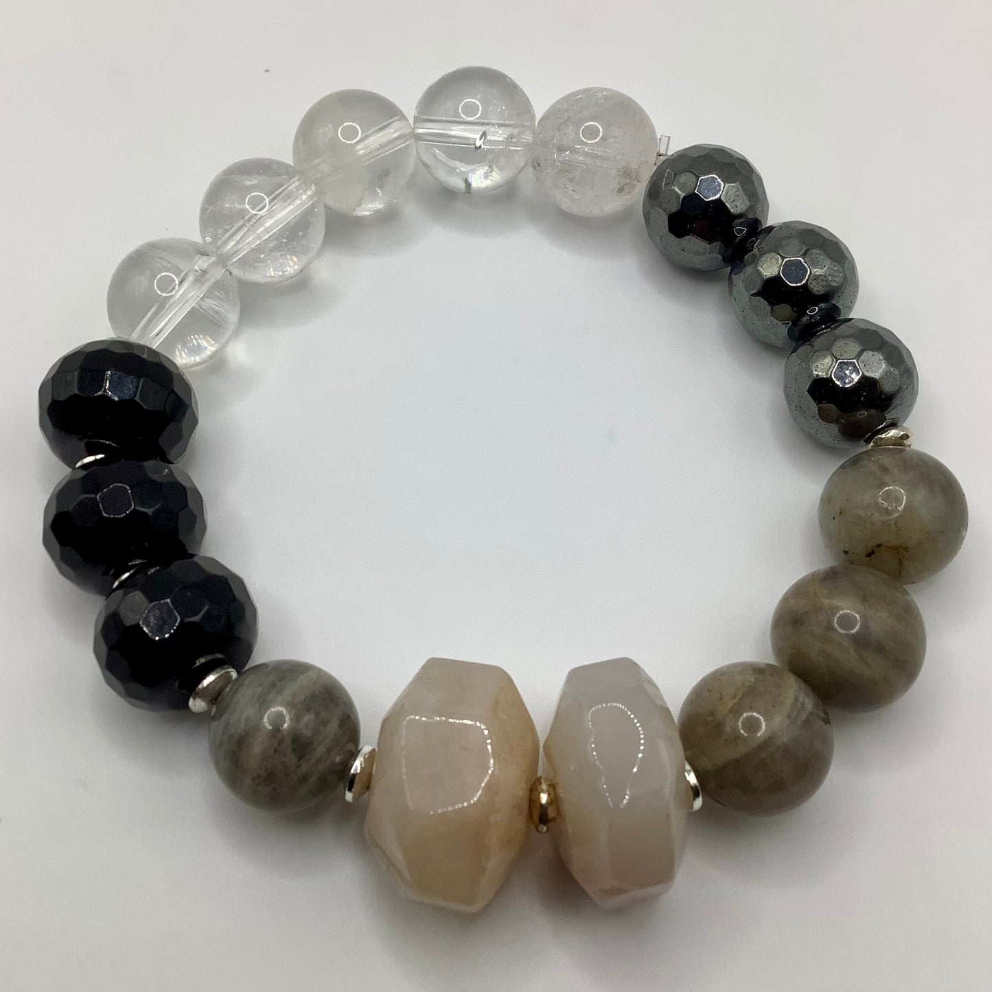 Labradorite, Onyx, Quartz, Moonstone and Silver Hematite 12mm