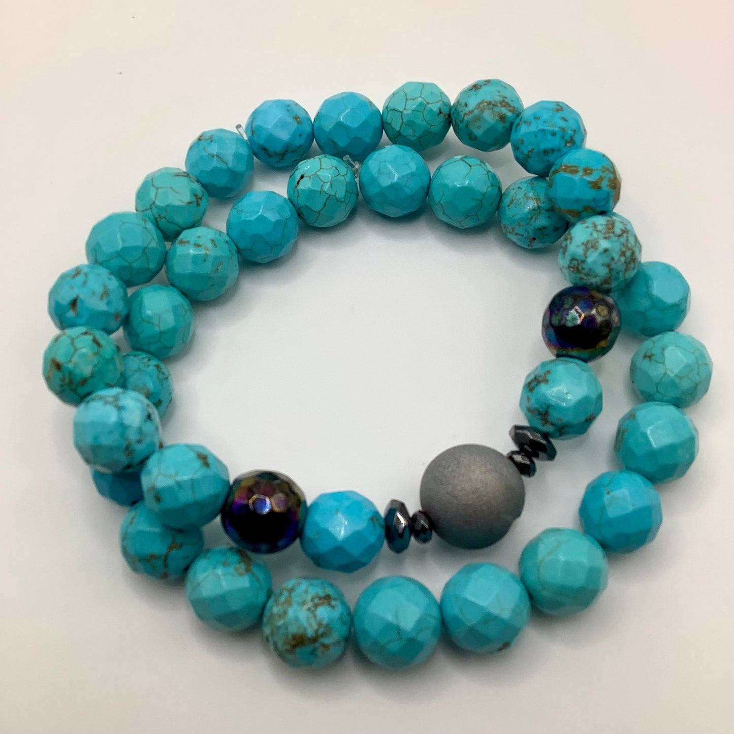 Turquoise, Druzy, gunmetal hematite 10mm 2pc set