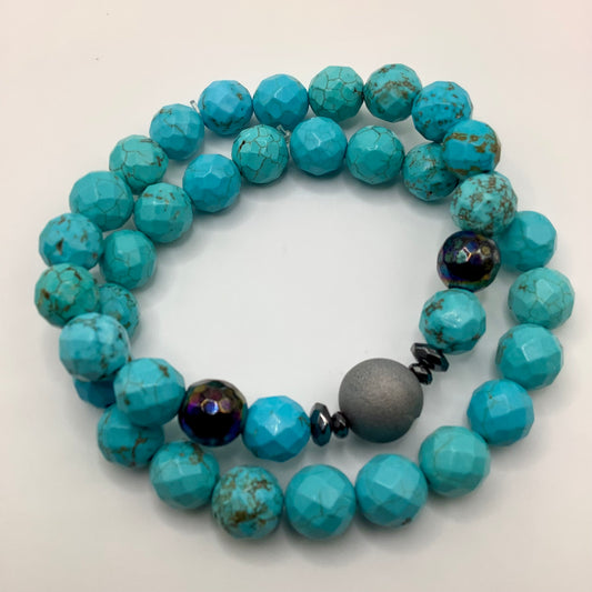 Turquoise, Druzy, gunmetal hematite 10mm 2pc set