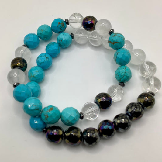 Turquoise, Quartz, gunmetal hematite 10mm 2pc set