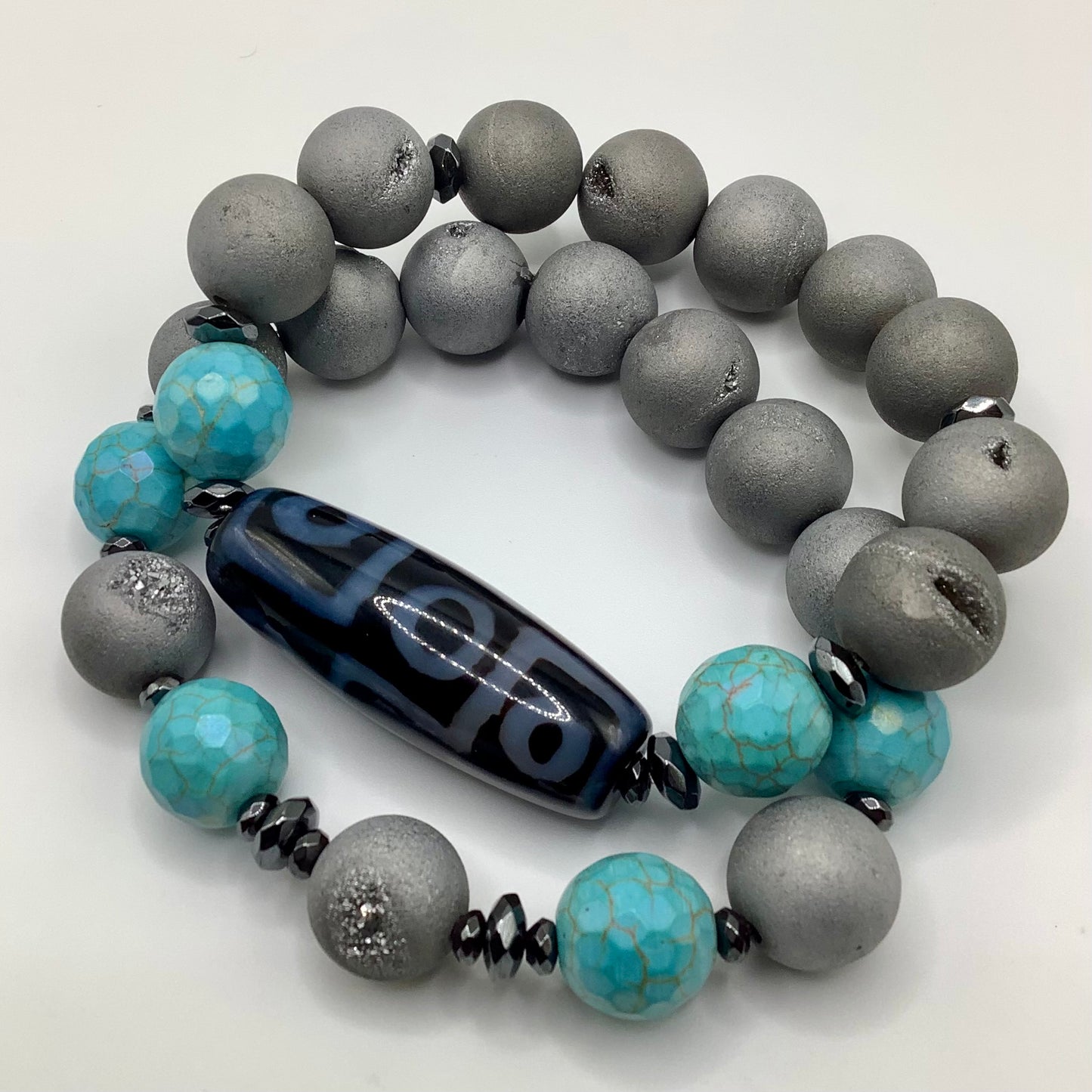 Turquoise, Druzy, gunmetal hematite 12mm 2pc set