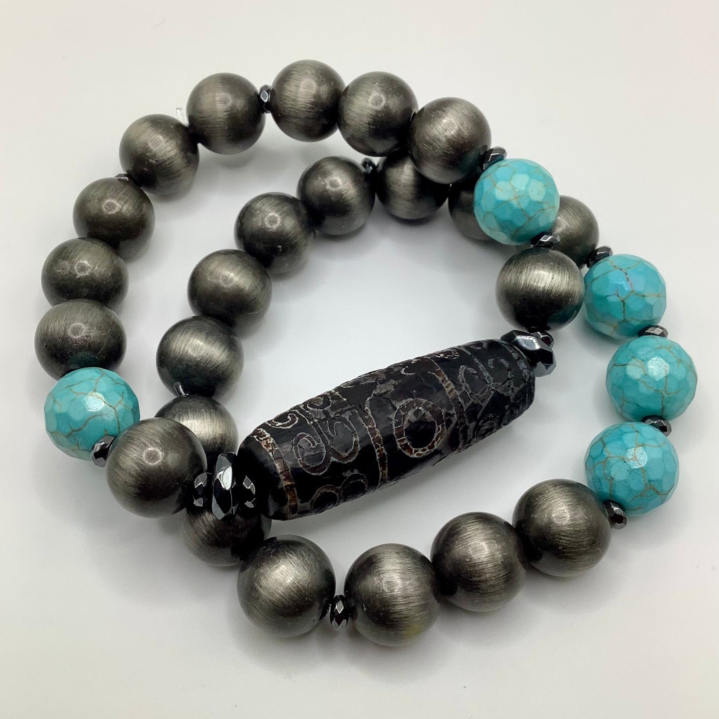 Turquoise, Navajo Silver, gunmetal hematite 12mm 2pc set