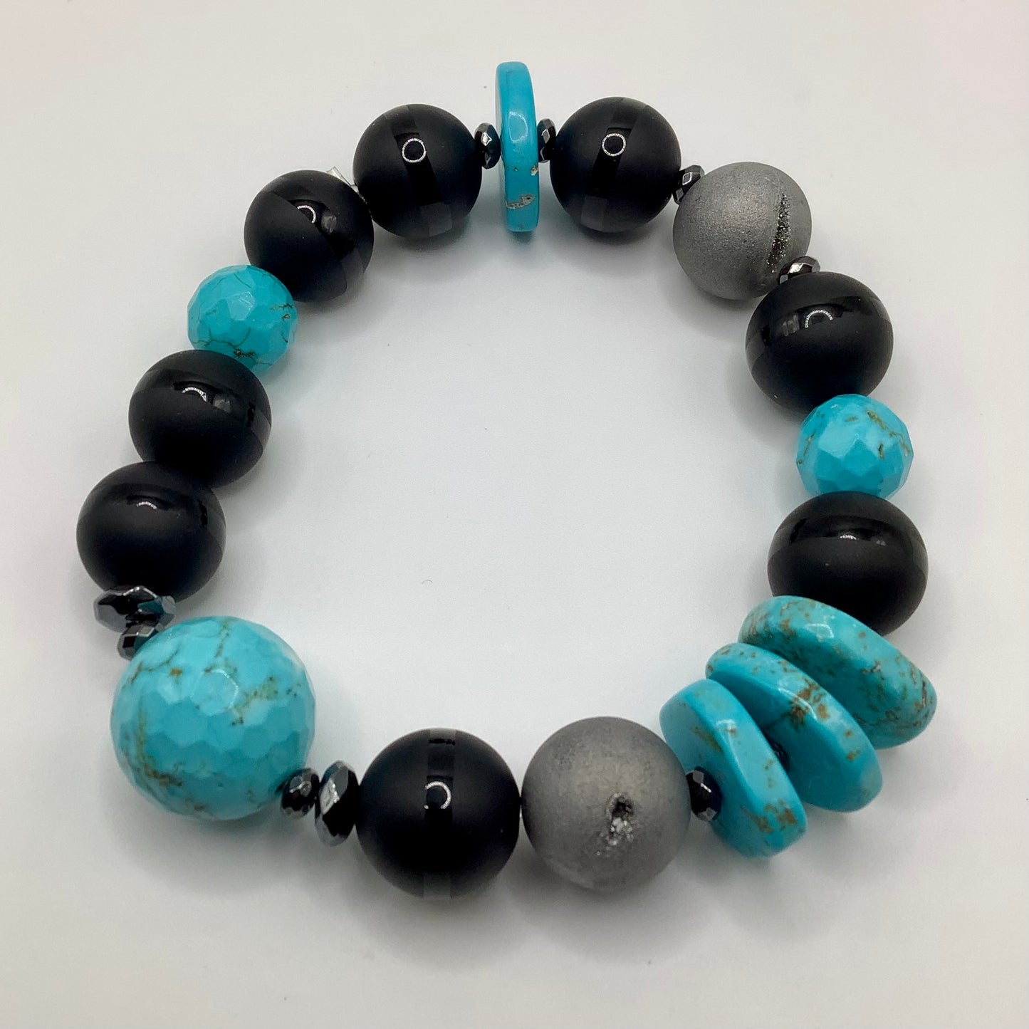 Turquoise, Druzy, Tibetan Agate, gunmetal hematite 12mm