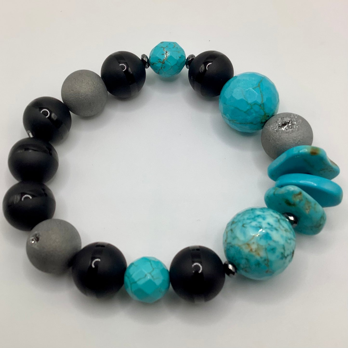 Turquoise, Druzy, Tibetan Agate, gunmetal hematite 12mm