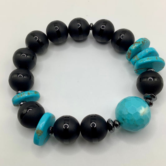 Turquoise, Tibetan Agate, gunmetal hematite 12mm