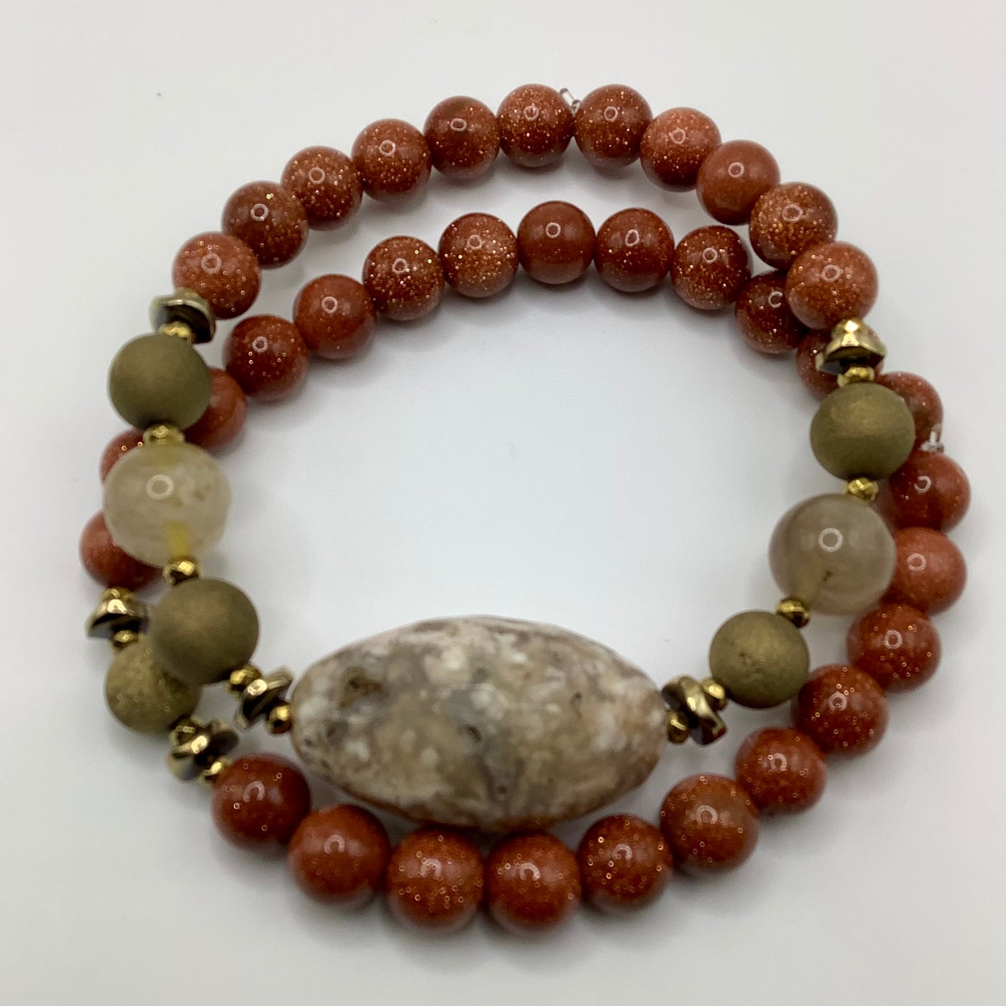 Sandstone, Druzy, Quartz, gold hematite 8mm