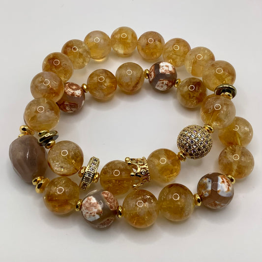 Citrine, Moonstone, Tibetan Agate, CZ Pave, gold hematite 12mm 2pc set