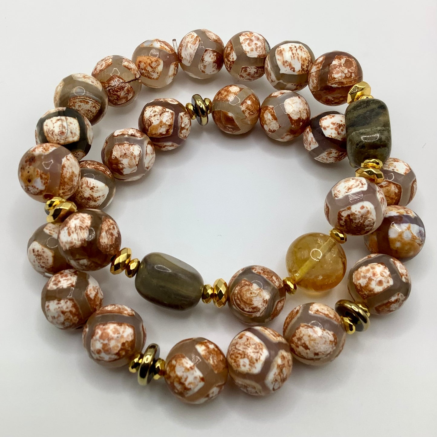 Citrine, Tibetan Agate, gold hematite 12mm 2pc set