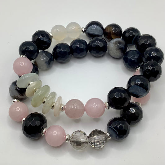 Rose Quartz, Moonstone, Agate and silver hematite 10-12mm 2 pc set