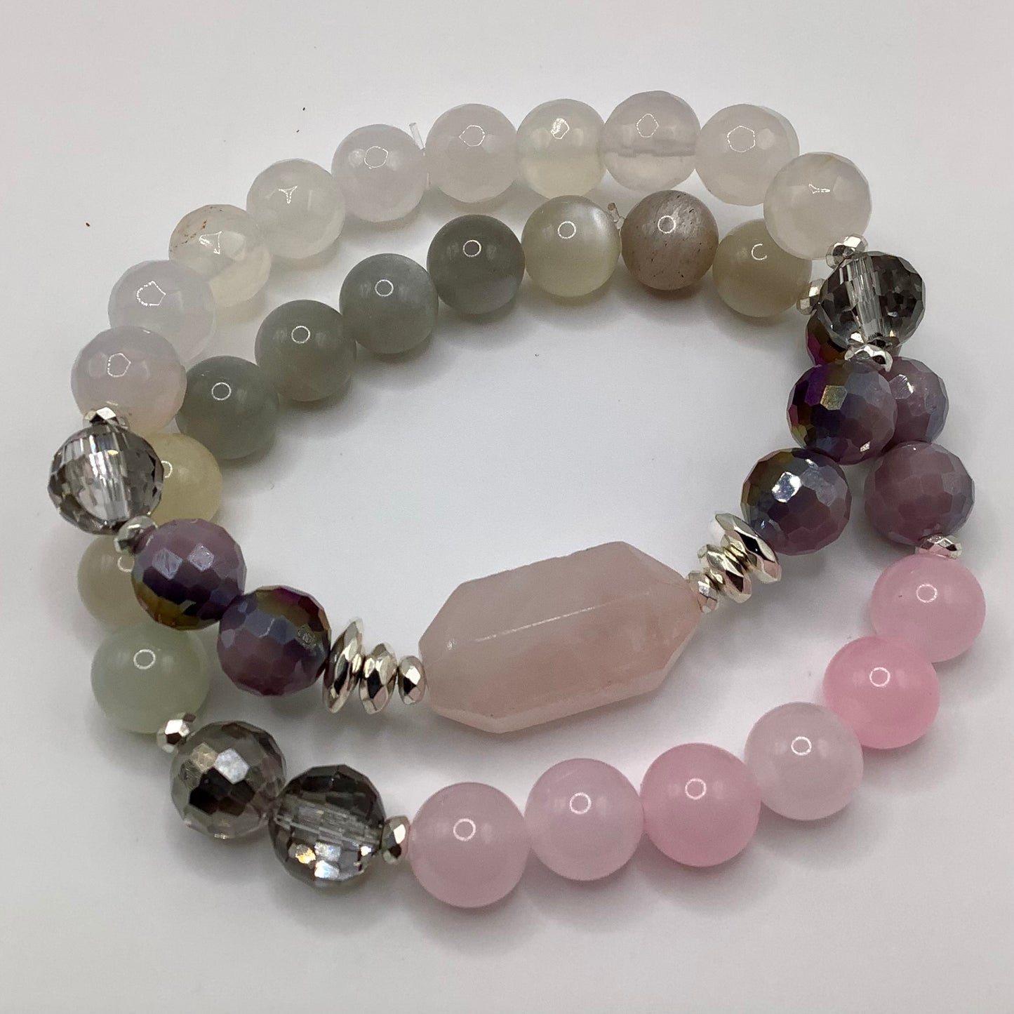 Rose Quartz, Moonstone, Crystal, Agate and silver hematite 10mm 2 pc set