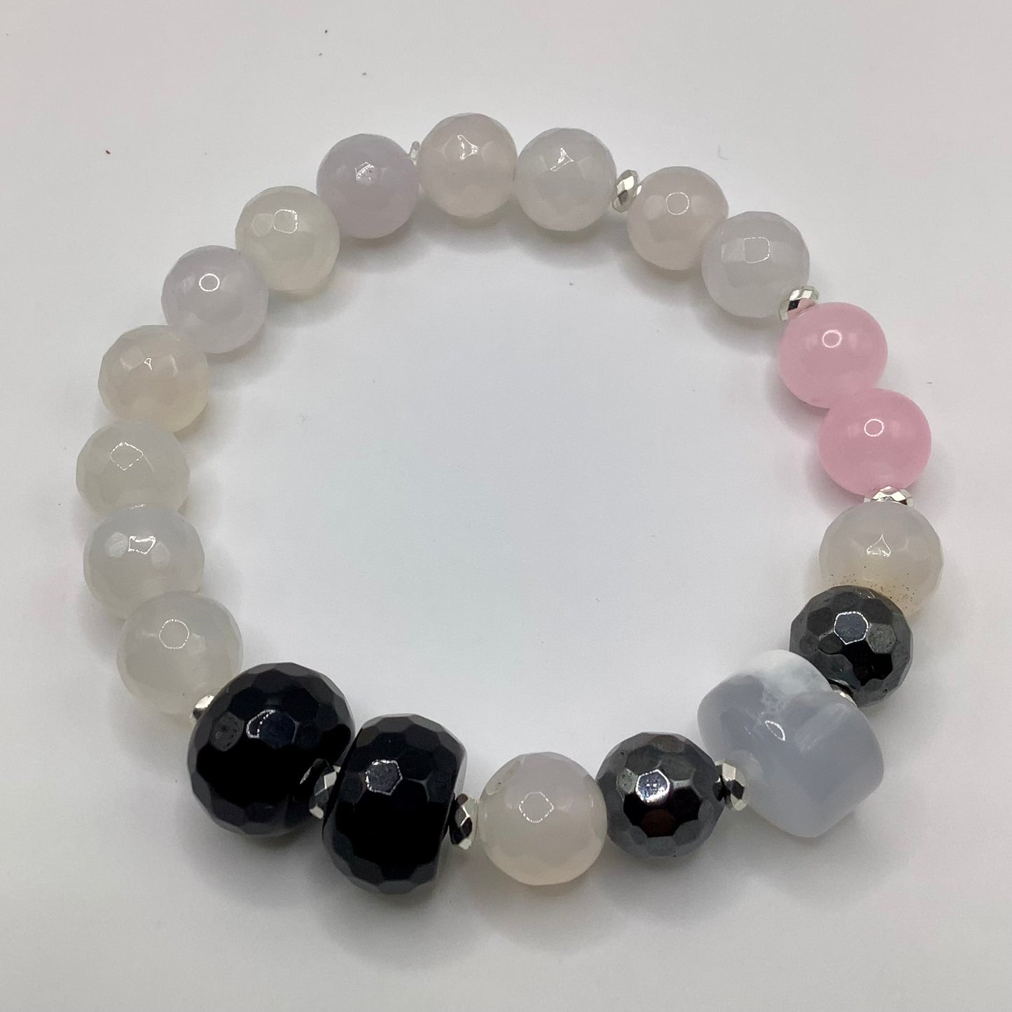 Rose Quartz, Crystal, Agate and silver hematite 10mm