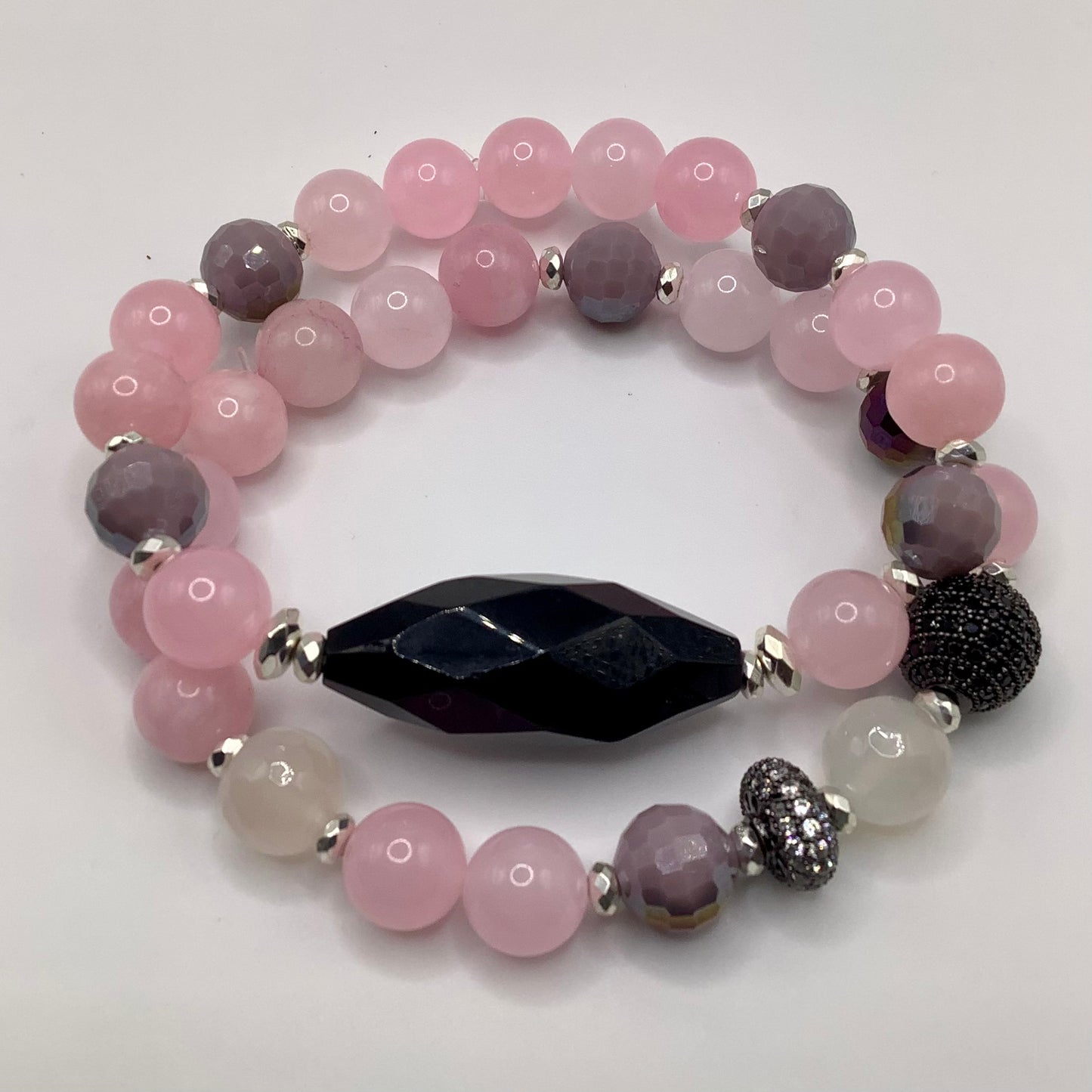 Rose Quartz, Agate, Pave Beads and silver hematite 10mm 2 pc set