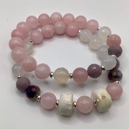 Rose Quartz, Crystal, Agate and silver hematite 10mm 2 pc set