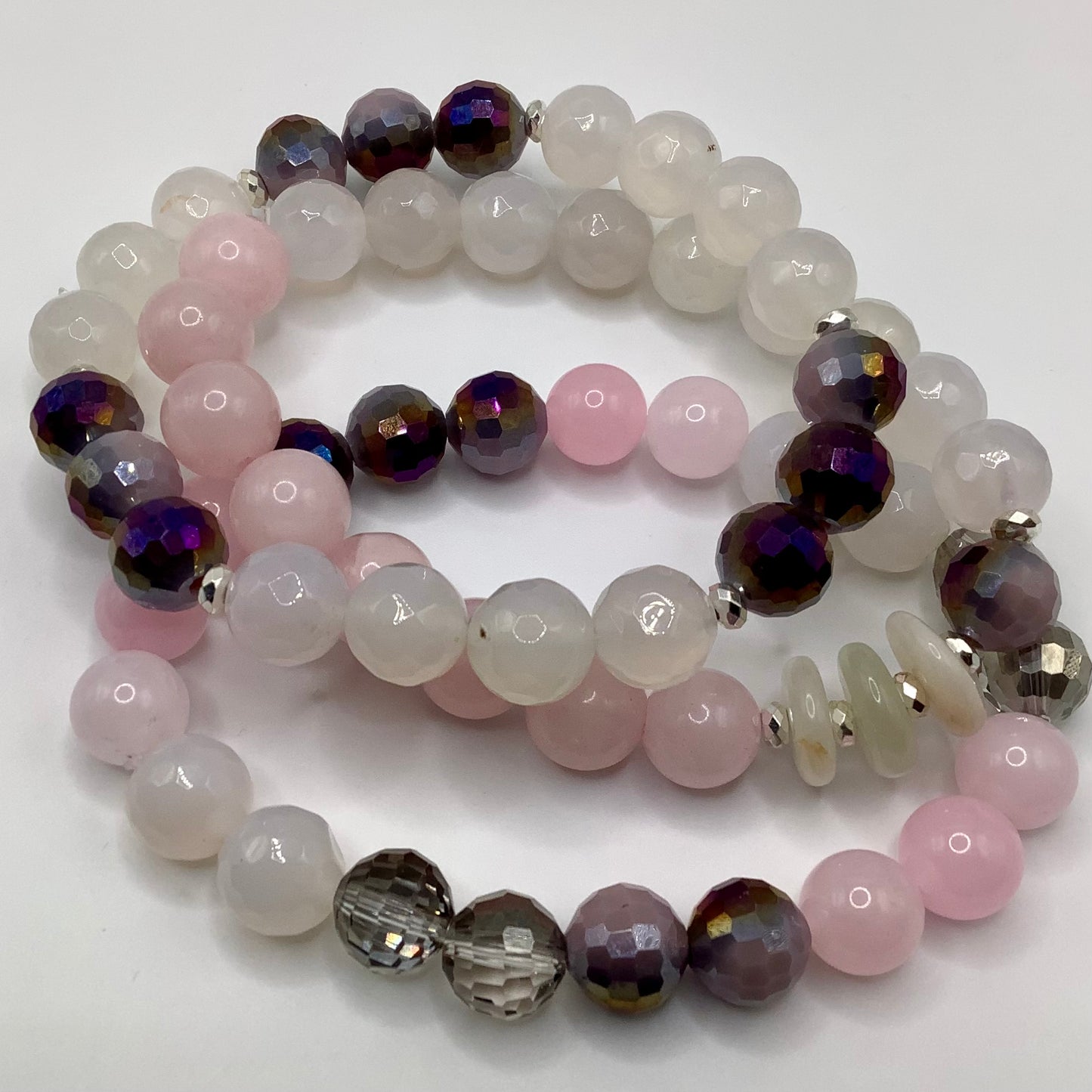 Rose Quartz, Crystal, Agate and silver hematite 10mm 3pc set