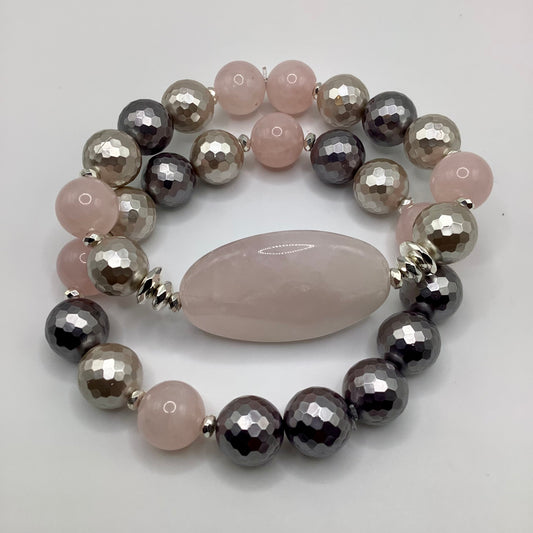 Rose Quartz, Mother of Pearl and silver hematite 12mm 2 pc set