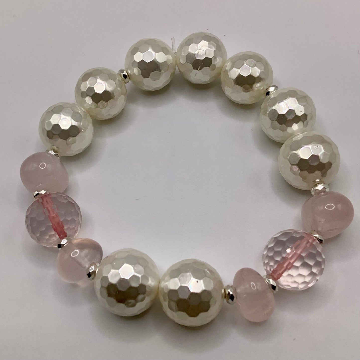 Rose Quartz, Crystal, Mother of Pearl and silver hematite 12mm