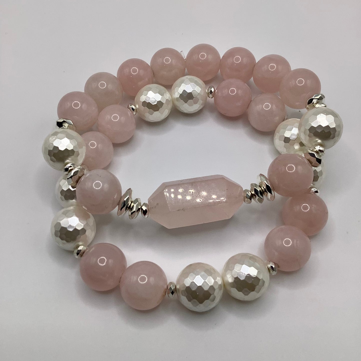 Rose Quartz, Mother of Pearl and silver hematite 12mm 2pc set