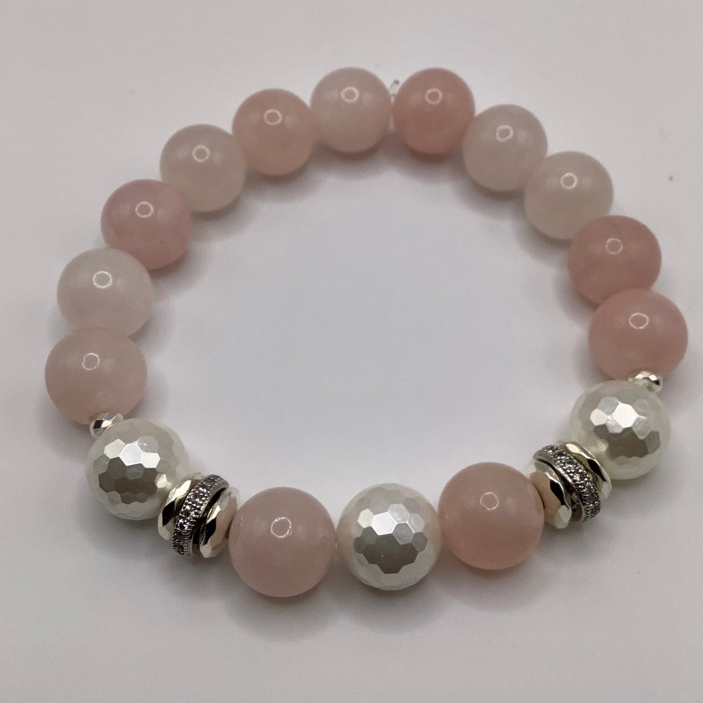 Rose Quartz, Mother of Pearl, Pave and silver hematite 12mm