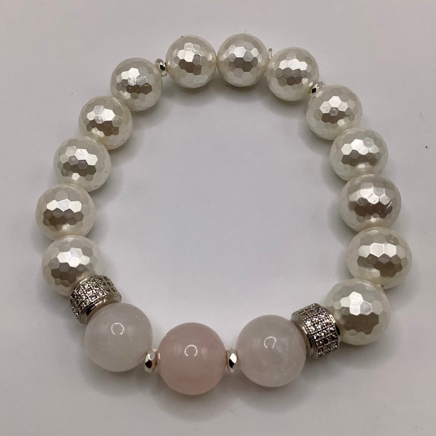 Rose Quartz, Mother of Pearl, Pave and silver hematite 12mm